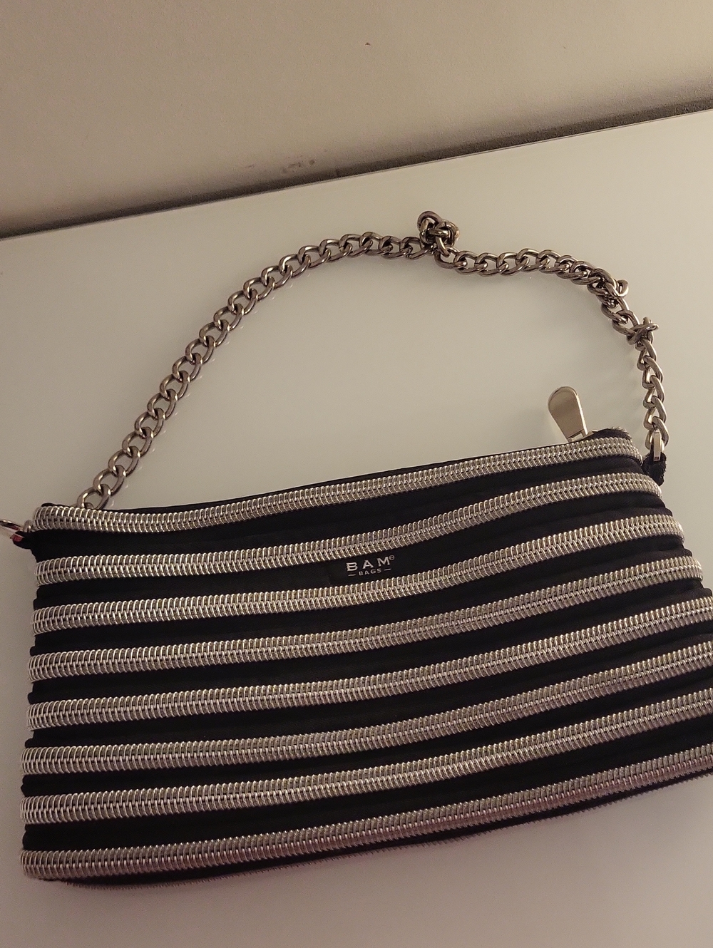 BAM Black and Silver Zip-Strip Chain Shoulder Bag